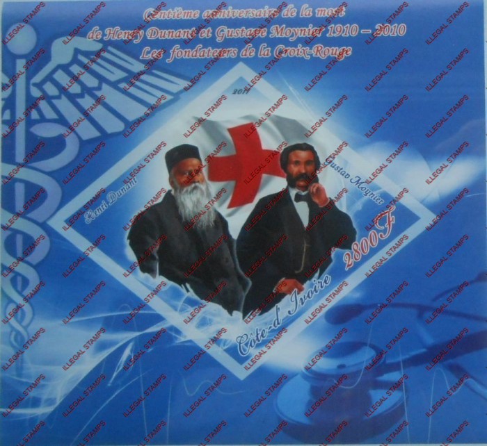 Ivory Coast 2011 Red Cross Dunant and Moynier Illegal Stamp Souvenir Sheet of 1 Ivory Coast 2011 Red Cross Dunant and Moynier Illegal Stamp Souvenir Sheet of 1