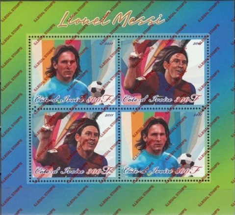 Ivory Coast 2011 Soccer Lionel Messi Illegal Stamp Souvenir Sheet of 4 Ivory Coast 2011 Soccer Lionel Messi Illegal Stamp Souvenir Sheet of 4