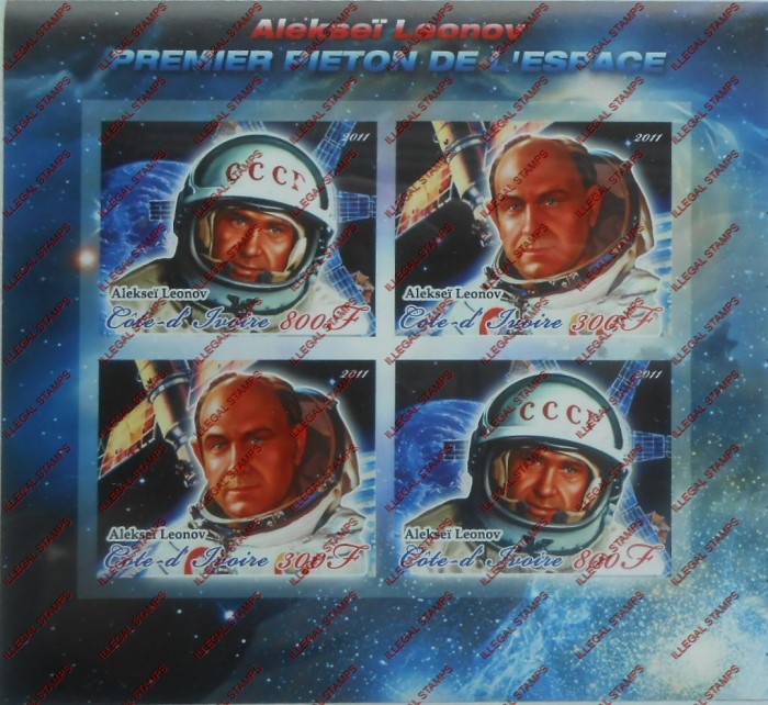 Ivory Coast 2011 Space Aleksei Leonov Illegal Stamp Souvenir Sheet of 4 Ivory Coast 2011 Space Aleksei Leonov Illegal Stamp Souvenir Sheet of 4