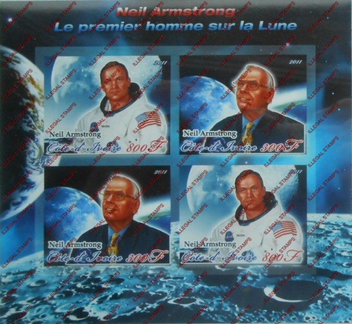 Ivory Coast 2011 Space Neil Armstrong Illegal Stamp Souvenir Sheet of 4 Ivory Coast 2011 Space Neil Armstrong Illegal Stamp Souvenir Sheet of 4