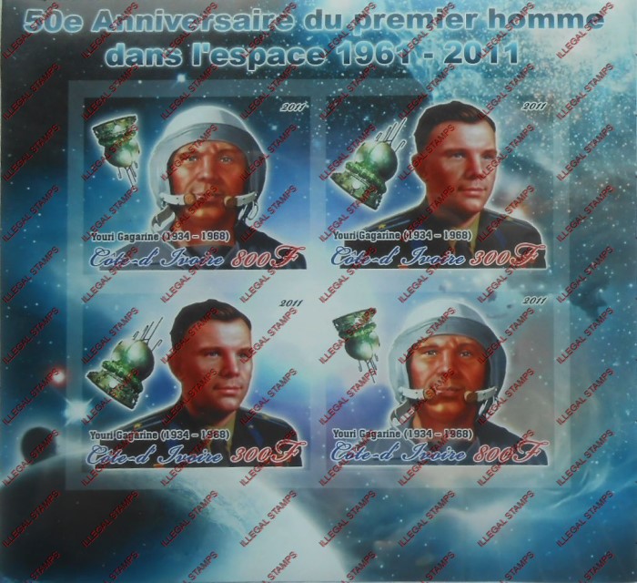 Ivory Coast 2011 Space Youri Gagarine Illegal Stamp Souvenir Sheet of 4 Ivory Coast 2011 Space Youri Gagarine Illegal Stamp Souvenir Sheet of 4