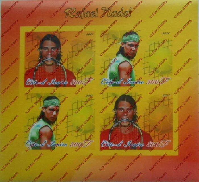 Ivory Coast 2011 Tennis Rafael Nadal Illegal Stamp Souvenir Sheet of 4 Ivory Coast 2011 Tennis Rafael Nadal Illegal Stamp Souvenir Sheet of 4