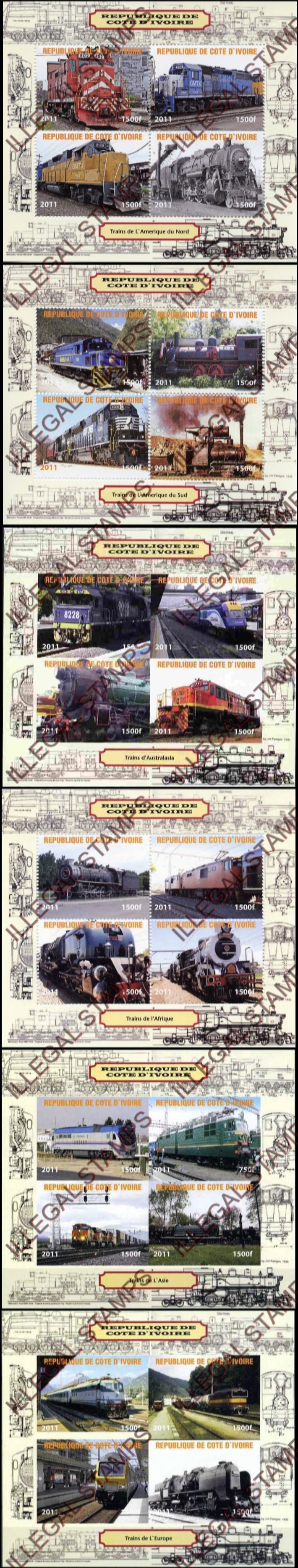 Ivory Coast 2011 Trains Illegal Stamp Souvenir Sheets of 4 Ivory Coast 2011 Trains Illegal Stamp Souvenir Sheets of 4