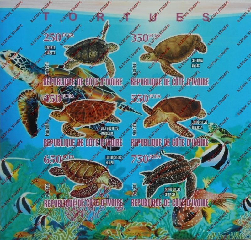 Ivory Coast 2011 Turtles Illegal Stamp Sheetlet of 9 Ivory Coast 2011 Turtles Illegal Stamp Sheetlet of 9