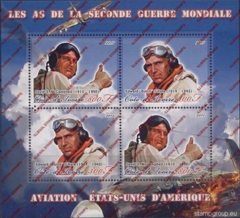 Ivory Coast 2011 World War II American Aviators Illegal Stamp Souvenir Sheet of 4 Ivory Coast 2011 World War II American Aviators Illegal Stamp Souvenir Sheet of 4