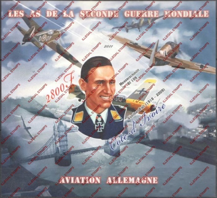 Ivory Coast 2011 World War II German Aviators Illegal Stamp Souvenir Sheet of 1 Ivory Coast 2011 World War II German Aviators Illegal Stamp Souvenir Sheet of 1
