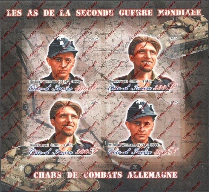 Ivory Coast 2011 World War II German Tank Commanders Illegal Stamp Souvenir Sheet of 4 Ivory Coast 2011 World War II German Tank Commanders Illegal Stamp Souvenir Sheet of 4