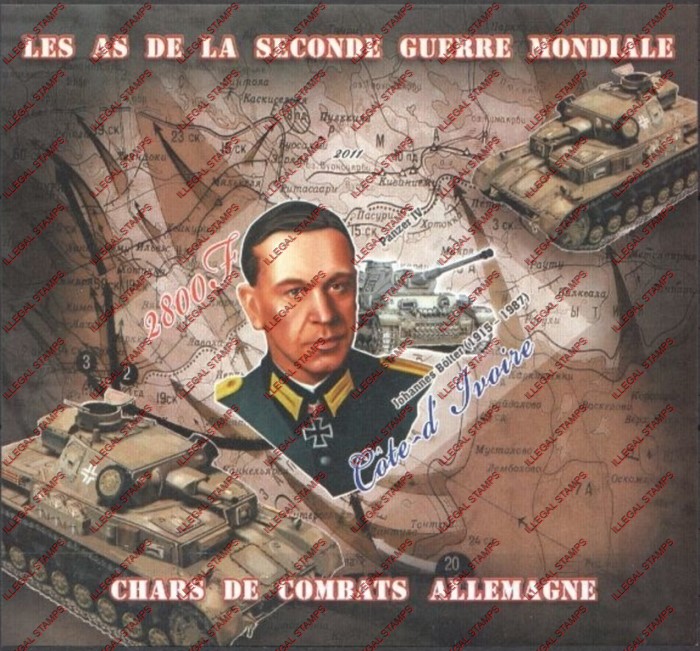 Ivory Coast 2011 World War II German Tank Commanders Illegal Stamp Souvenir Sheet of 1 Ivory Coast 2011 World War II German Tank Commanders Illegal Stamp Souvenir Sheet of 1