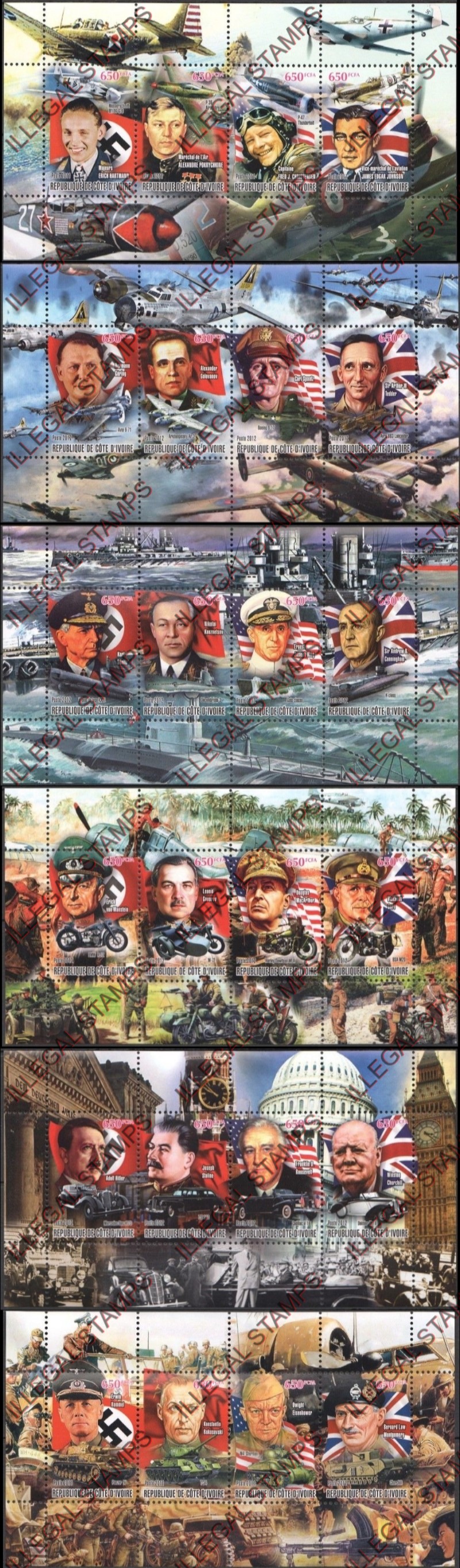 Ivory Coast 2011 World War II Leaders Illegal Stamp Souvenir Sheets of 4 Ivory Coast 2011 World War II Leaders Illegal Stamp Souvenir Sheets of 4