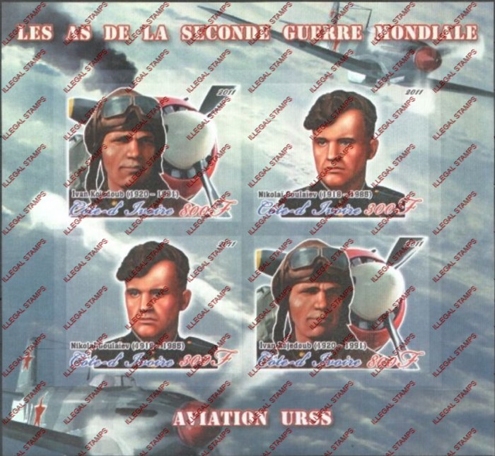 Ivory Coast 2011 World War II Russian Aviators Illegal Stamp Souvenir Sheet of 4 Ivory Coast 2011 World War II Russian Aviators Illegal Stamp Souvenir Sheet of 4