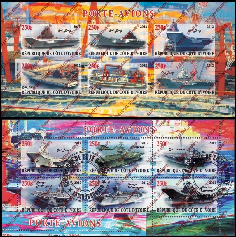 Ivory Coast 2012 Aircraft Carriers Illegal Stamp Sheetlets of 6 Ivory Coast 2012 Aircraft Carriers Illegal Stamp Sheetlets of 6