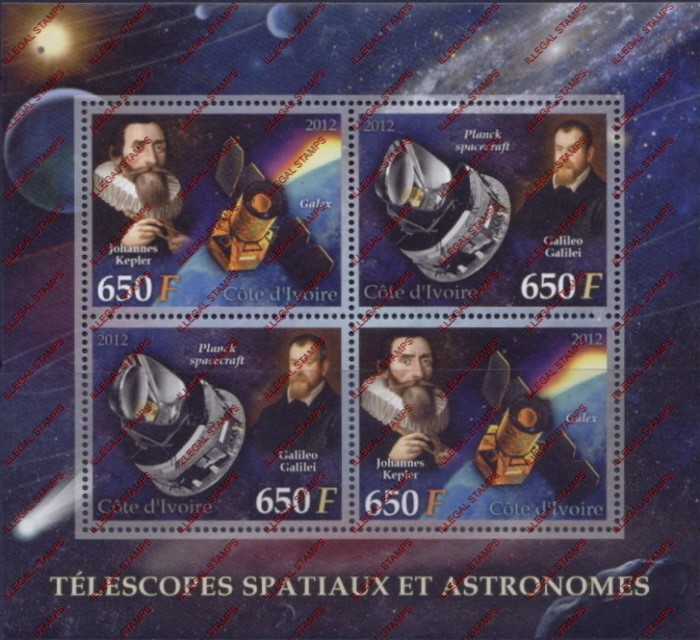 Ivory Coast 2012 Astronomers Telescopes Illegal Stamp Souvenir Sheet of 4 Ivory Coast 2012 Astronomers Telescopes Illegal Stamp Souvenir Sheet of 4