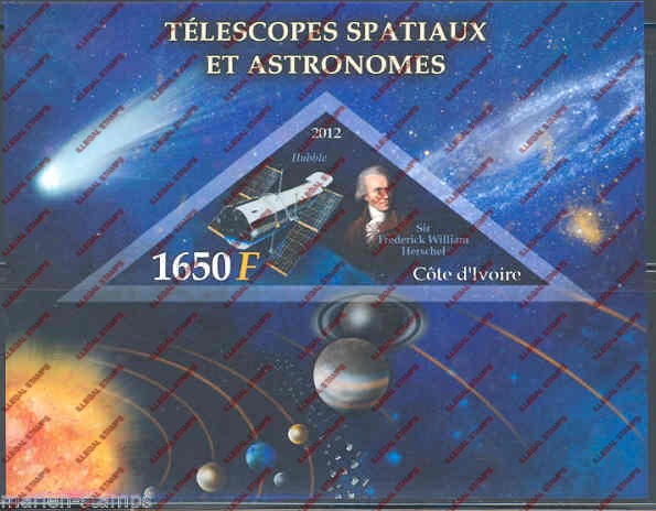 Ivory Coast 2012 Astronomers Telescopes Illegal Stamp Souvenir Sheet of 1 Ivory Coast 2012 Astronomers Telescopes Illegal Stamp Souvenir Sheet of 1