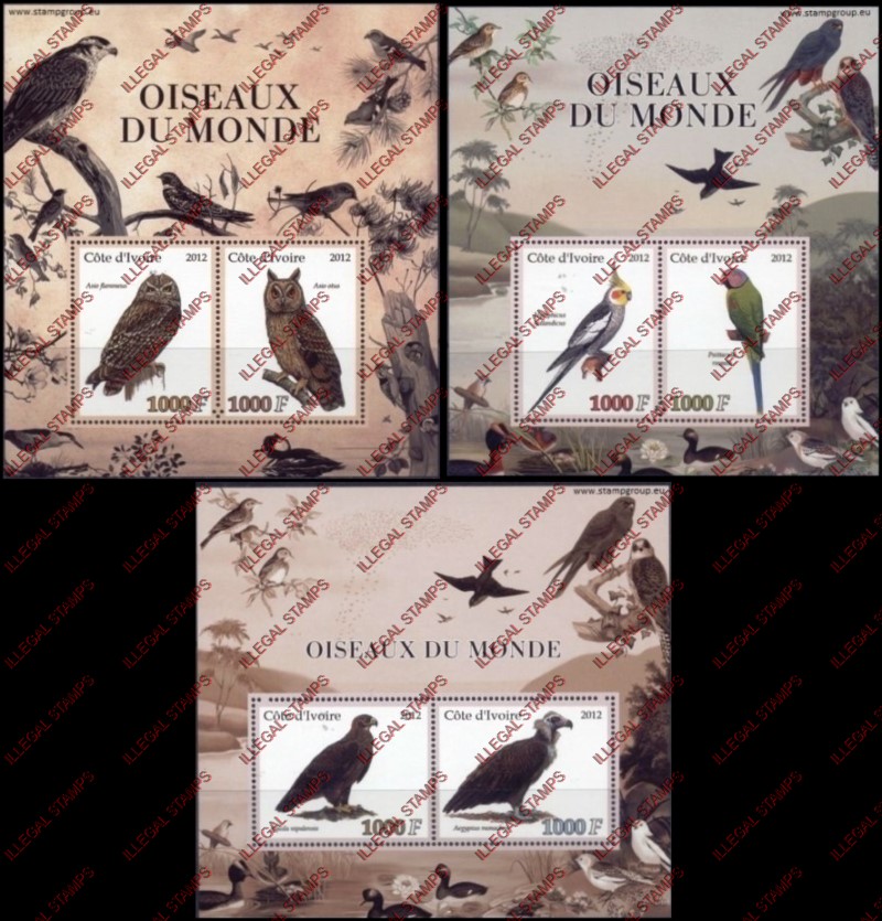Ivory Coast 2012 Birds Illegal Stamp Souvenir Sheets of 2 Ivory Coast 2012 Birds Illegal Stamp Souvenir Sheets of 2