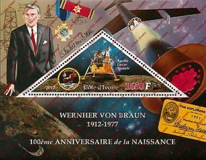 Ivory Coast 2012 Birth Anniversary Space Wernher von Braun Illegal Stamp Souvenir Sheet of 1 Ivory Coast 2012 Birth Anniversary Space Wernher von Braun Illegal Stamp Souvenir Sheet of 1