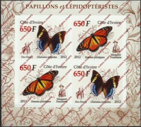 Ivory Coast 2012 Butterflies Illegal Stamp Souvenir Sheet of 4 Ivory Coast 2012 Butterflies Illegal Stamp Souvenir Sheet of 4