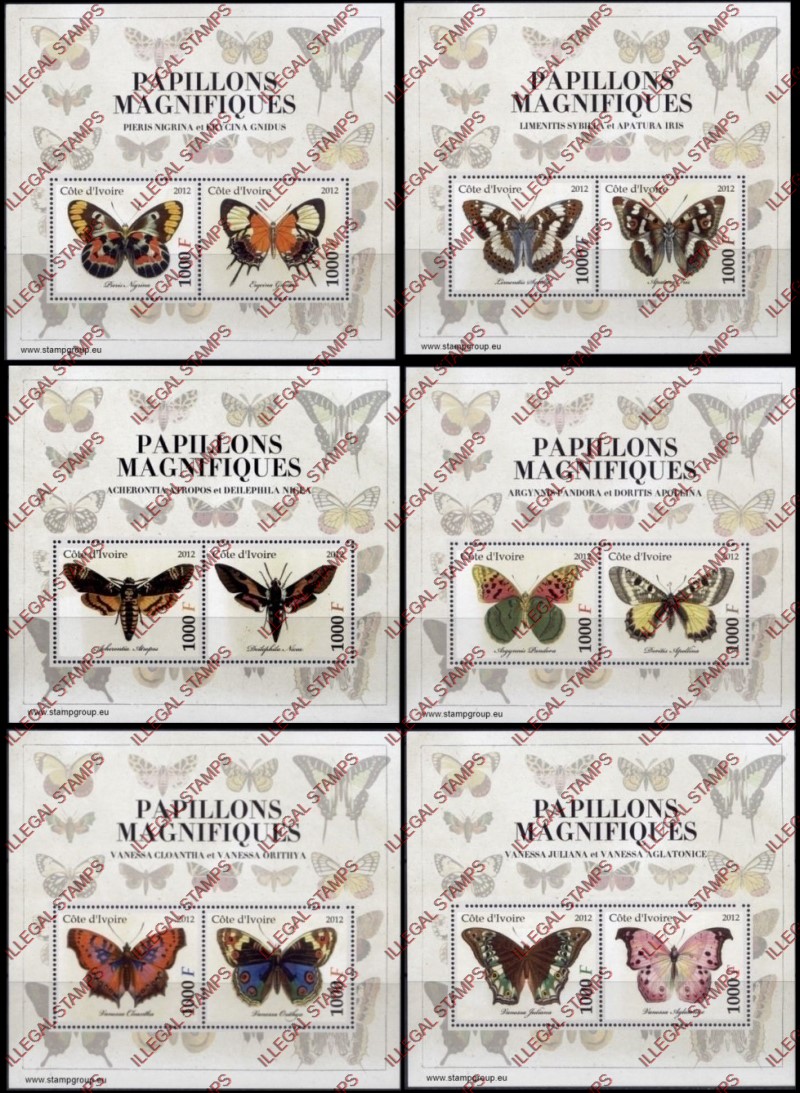 Ivory Coast 2012 Butterflies Illegal Stamp Souvenir Sheets of 2 Ivory Coast 2012 Butterflies Illegal Stamp Souvenir Sheets of 2