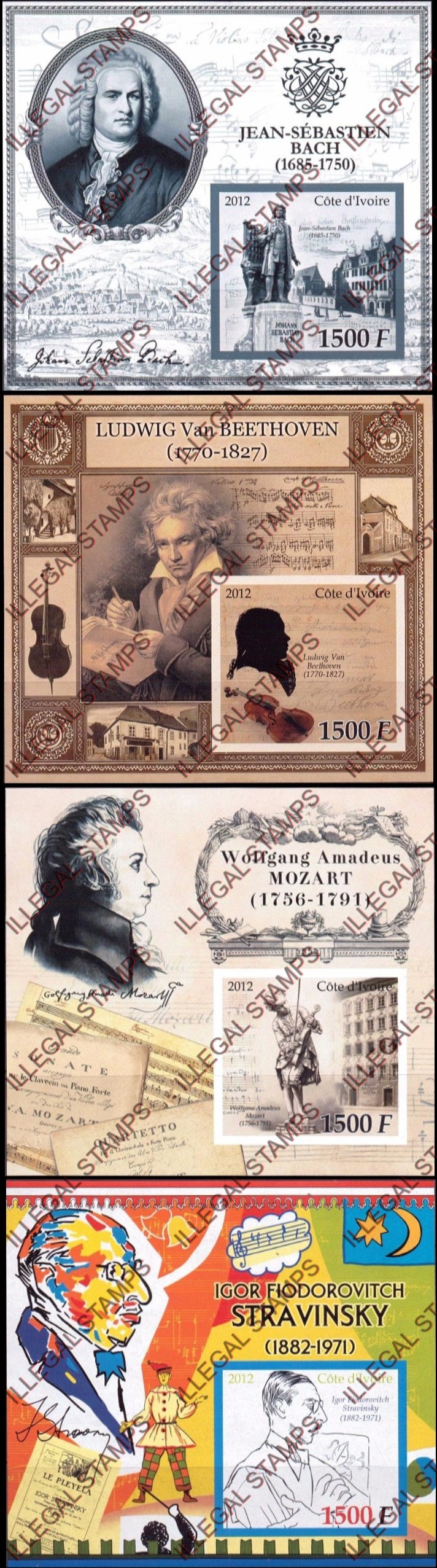Ivory Coast 2012 Composers Bach, Beethoven, Mozart, Stravinsky Illegal Stamp Souvenir Sheets of 4 Ivory Coast 2012 Composers Bach, Beethoven, Mozart, Stravinsky Illegal Stamp Souvenir Sheets of 4