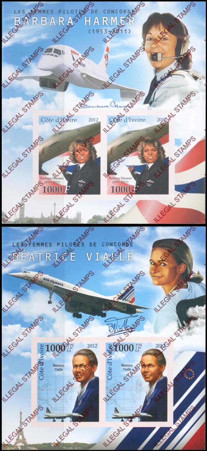 Ivory Coast 2012 Concorde Female Pilots Illegal Stamp Souvenir Sheets of 2 Ivory Coast 2012 Concorde Female Pilots Illegal Stamp Souvenir Sheets of 2