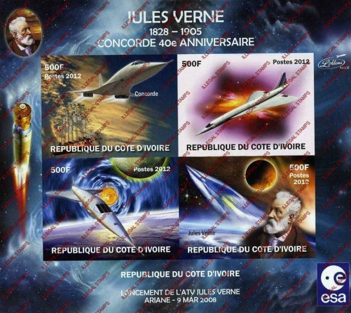 Ivory Coast 2012 Concorde Jules Verne Illegal Stamp Souvenir Sheet of 4 Ivory Coast 2012 Concorde Jules Verne Illegal Stamp Souvenir Sheet of 4