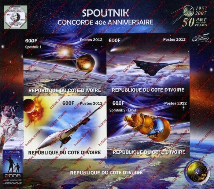 Ivory Coast 2012 Concorde Sputnik Illegal Stamp Souvenir Sheet of 4 Ivory Coast 2012 Concorde Sputnik Illegal Stamp Souvenir Sheet of 4