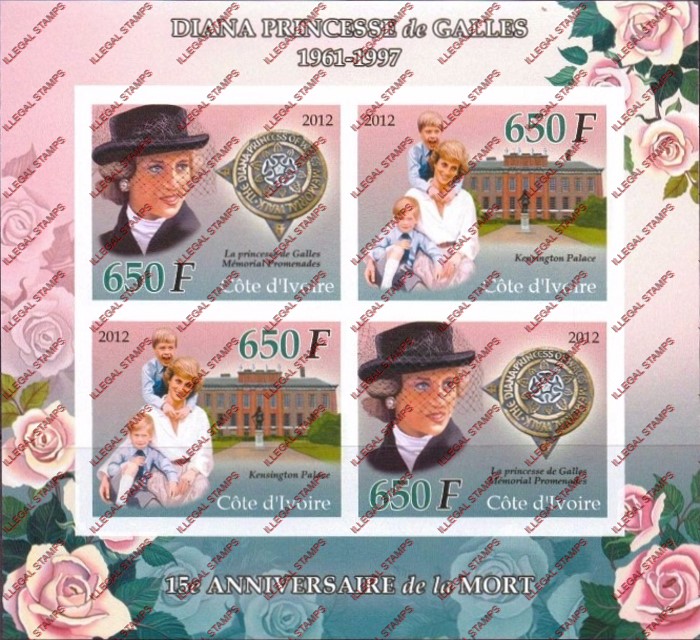Ivory Coast 2012 Death Anniversary Princess Diana Illegal Stamp Souvenir Sheet of 4 Ivory Coast 2012 Death Anniversary Princess Diana Illegal Stamp Souvenir Sheet of 4
