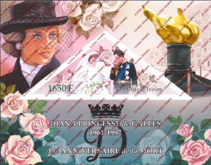 Ivory Coast 2012 Death Anniversary Princess Diana Illegal Stamp Souvenir Sheet of 1 Ivory Coast 2012 Death Anniversary Princess Diana Illegal Stamp Souvenir Sheet of 1