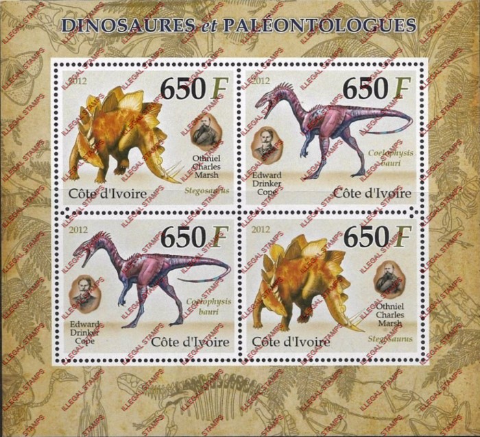 Ivory Coast 2012 Dinosaurs Illegal Stamp Souvenir Sheet of 4 Ivory Coast 2012 Dinosaurs Illegal Stamp Souvenir Sheet of 4