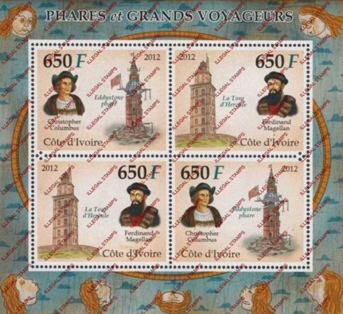 Ivory Coast 2012 Lighthouses and Great Voyagers Illegal Stamp Souvenir Sheet of 4 Ivory Coast 2012 Lighthouses and Great Voyagers Illegal Stamp Souvenir Sheet of 4