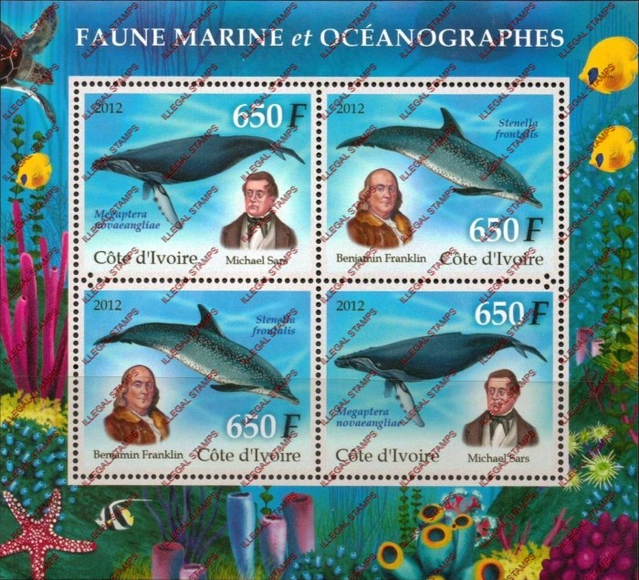 Ivory Coast 2012 Marine Fauna Illegal Stamp Souvenir Sheet of 4 Ivory Coast 2012 Marine Fauna Illegal Stamp Souvenir Sheet of 4