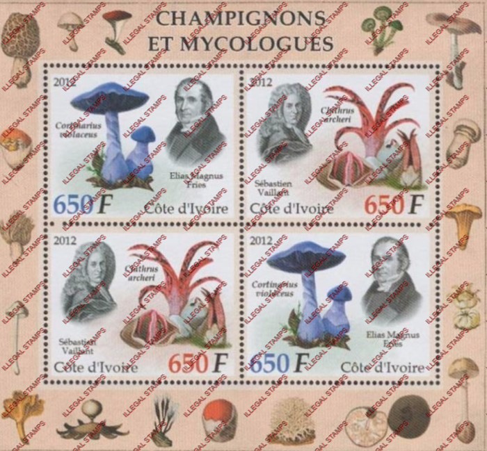 Ivory Coast 2012 Mushrooms Illegal Stamp Souvenir Sheet of 4 Ivory Coast 2012 Mushrooms Illegal Stamp Souvenir Sheet of 4
