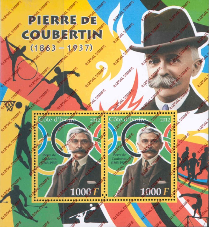 Ivory Coast 2012 Olympic Games Pierre de Coubertin Illegal Stamp Souvenir Sheet of 2 Ivory Coast 2012 Olympic Games Pierre de Coubertin Illegal Stamp Souvenir Sheet of 2