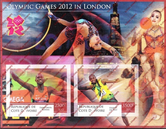Ivory Coast 2012 Olympic Games London Illegal Stamp Souvenir Sheet of 2 Ivory Coast 2012 Olympic Games London Illegal Stamp Souvenir Sheet of 2