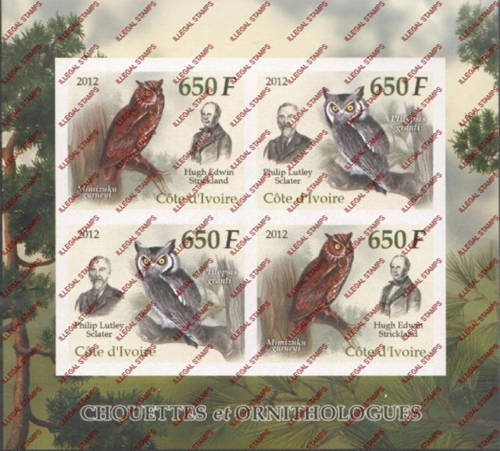 Ivory Coast 2012 Owls Illegal Stamp Souvenir Sheet of 4 Ivory Coast 2012 Owls Illegal Stamp Souvenir Sheet of 4