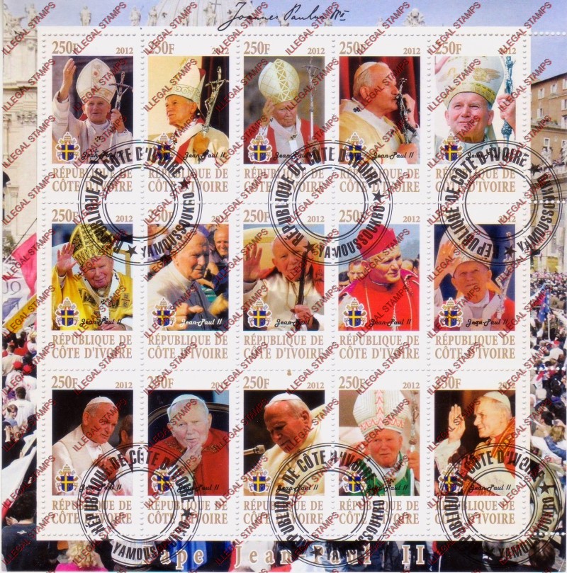 Ivory Coast 2012 Pope John Paul II Illegal Stamp Sheetlet of 15 Ivory Coast 2012 Pope John Paul II Illegal Stamp Sheetlet of 15