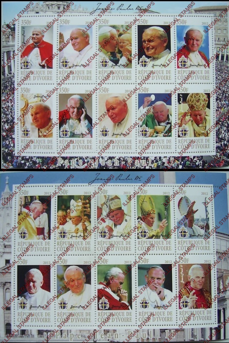 Ivory Coast 2012 Pope John Paul II Illegal Stamp Sheetlets of 10 Ivory Coast 2012 Pope John Paul II Illegal Stamp Sheetlets of 10