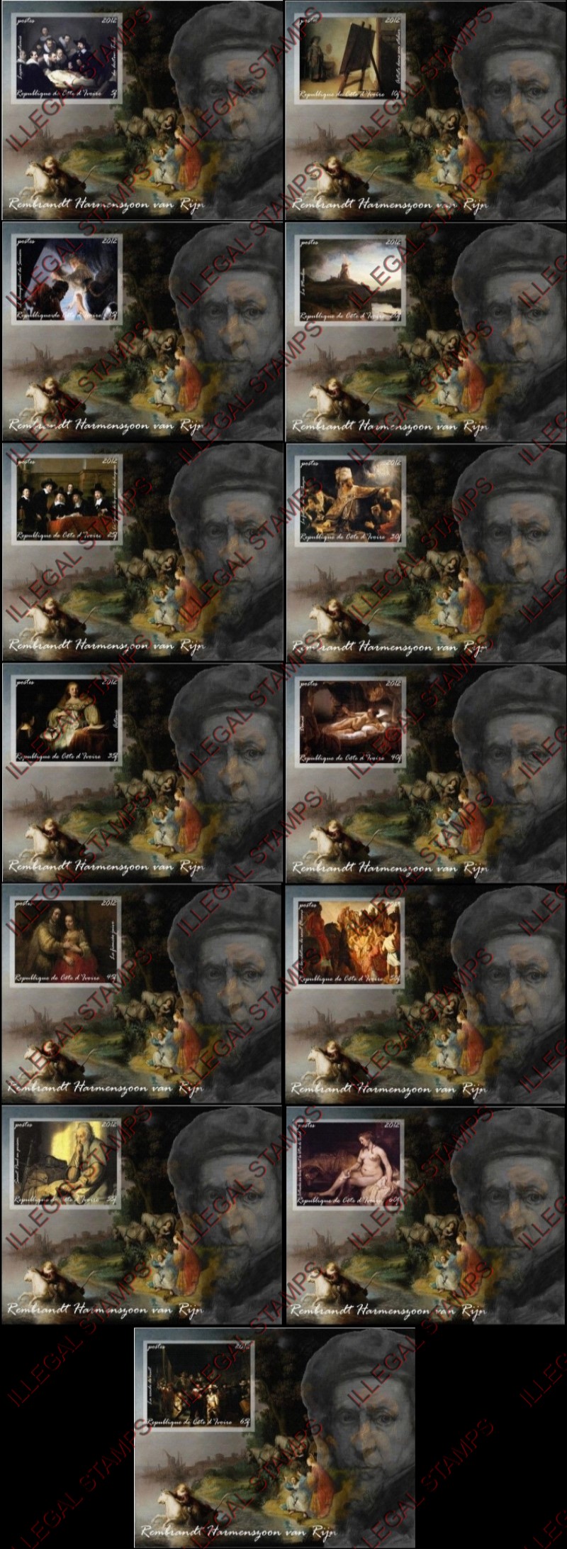 Ivory Coast 2012 Rembrandt Paintings Illegal Stamp Souvenir Sheets of 1 Ivory Coast 2012 Rembrandt Paintings Illegal Stamp Souvenir Sheets of 1