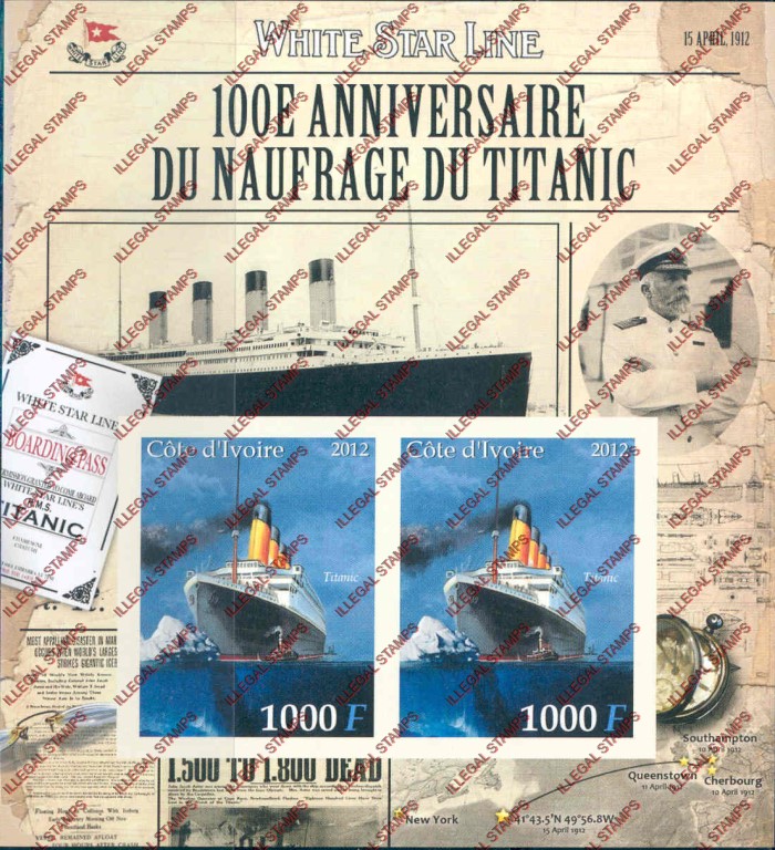 Ivory Coast 2012 Titanic Illegal Stamp Souvenir Sheet of 2 Ivory Coast 2012 Titanic Illegal Stamp Souvenir Sheet of 2