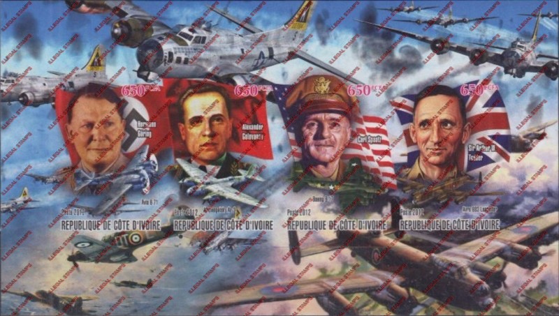 Ivory Coast 2012 World War II Bomber Commanders Illegal Stamp Souvenir Sheet of 4 Ivory Coast 2012 World War II Bomber Commanders Illegal Stamp Souvenir Sheet of 4