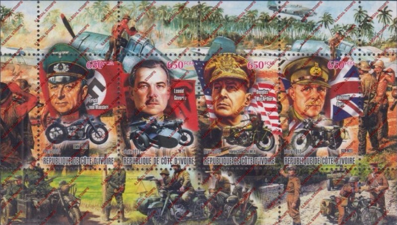 Ivory Coast 2012 World War II Motorcycle Brigade Commanders Illegal Stamp Souvenir Sheet of 4 Ivory Coast 2012 World War II Motorcycle Brigade Commanders Illegal Stamp Souvenir Sheet of 4