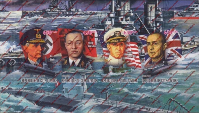 Ivory Coast 2012 World War II Submarine Commanders Illegal Stamp Souvenir Sheet of 4 Ivory Coast 2012 World War II Submarine Commanders Illegal Stamp Souvenir Sheet of 4
