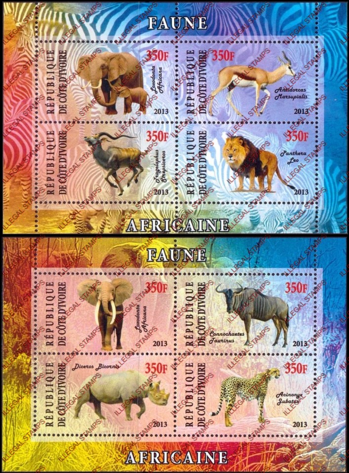 Ivory Coast 2013 African Fauna Illegal Stamp Souvenir Sheets of 4 Ivory Coast 2013 African Fauna Illegal Stamp Souvenir Sheets of 4
