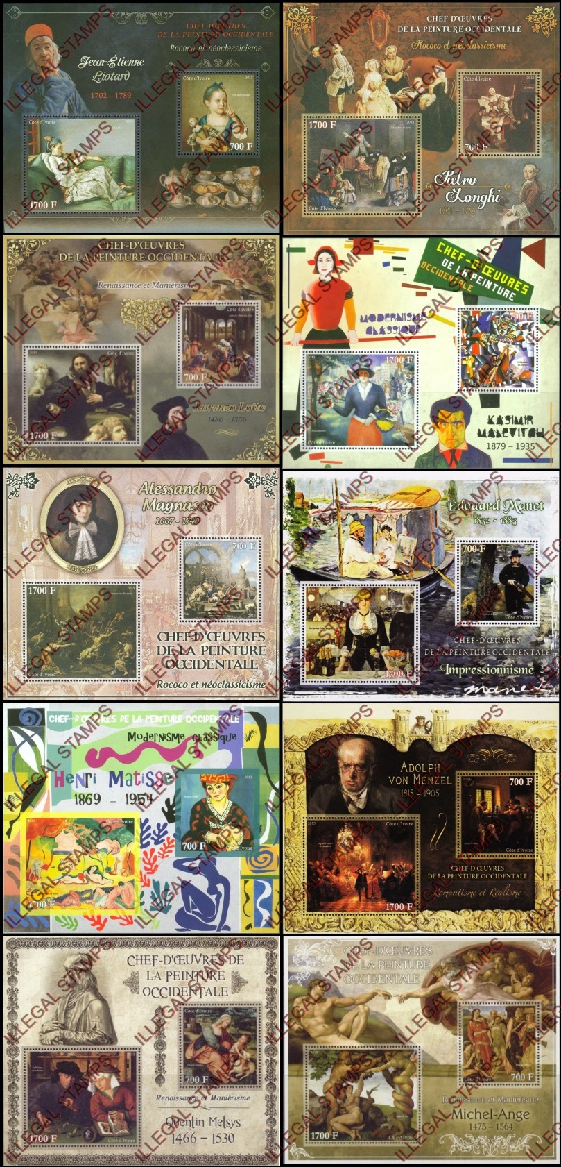 Ivory Coast 2013 Art Impressionism Paintings Illegal Stamp Souvenir Sheets of 2 (part 5) Ivory Coast 2013 Art Impressionism Paintings Illegal Stamp Souvenir Sheets of 2 (part 5)