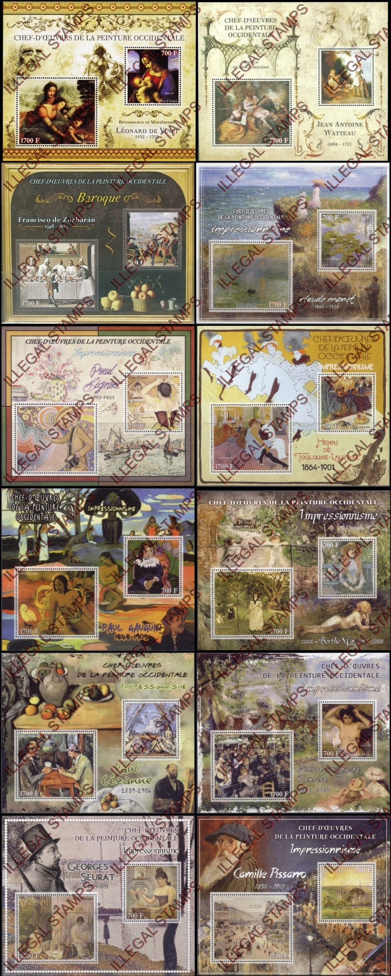 Ivory Coast 2013 Art Impressionism Paintings Illegal Stamp Souvenir Sheets of 2 (part 8) Ivory Coast 2013 Art Impressionism Paintings Illegal Stamp Souvenir Sheets of 2 (part 8)