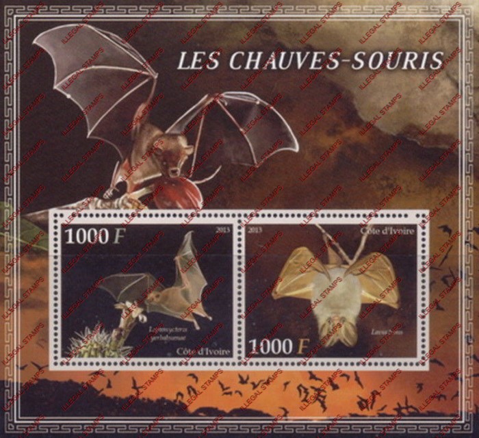 Ivory Coast 2013 Bats Illegal Stamp Souvenir Sheet of 2 Ivory Coast 2013 Bats Illegal Stamp Souvenir Sheet of 2