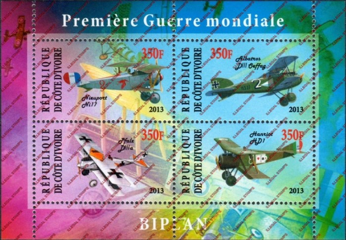 Ivory Coast 2013 Biplanes Airplanes Illegal Stamp Souvenir Sheet of 4 Ivory Coast 2013 Biplanes Airplanes Illegal Stamp Souvenir Sheet of 4