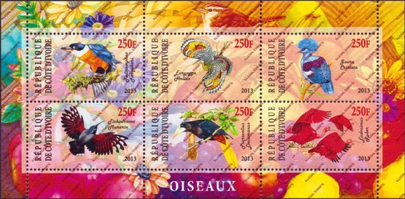 Ivory Coast 2013 Birds Illegal Stamp Sheetlet of 6 Ivory Coast 2013 Birds Illegal Stamp Sheetlet of 6