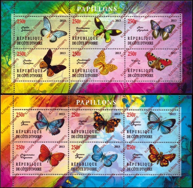 Ivory Coast 2013 Butterflies Illegal Stamp Sheetlets of 6 Ivory Coast 2013 Butterflies Illegal Stamp Sheetlets of 6