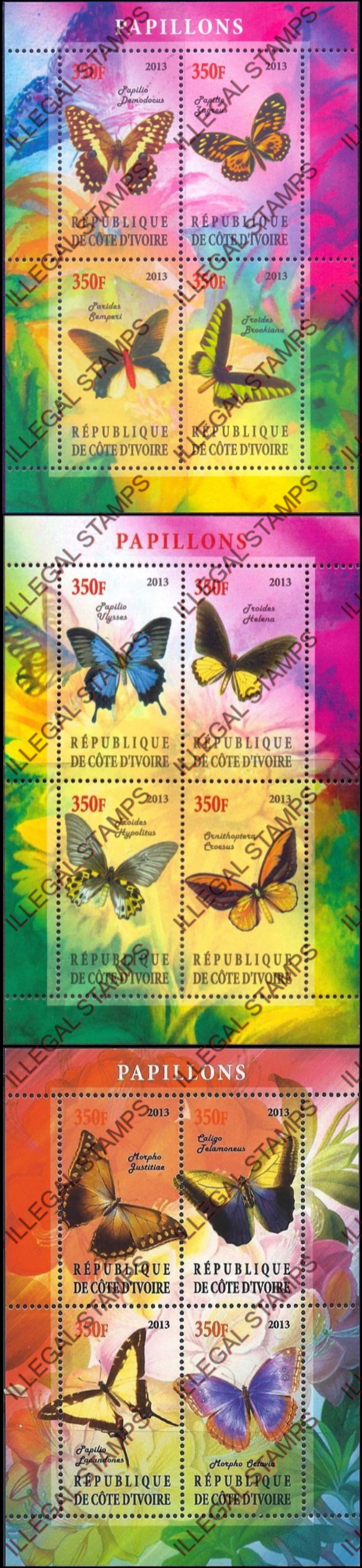 Ivory Coast 2013 Butterflies Illegal Stamp Souvenir Sheets of 4 Ivory Coast 2013 Butterflies Illegal Stamp Souvenir Sheets of 4