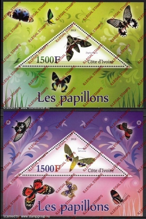Ivory Coast 2013 Butterflies Illegal Stamp Souvenir Sheets of 1 (triangles) Ivory Coast 2013 Butterflies Illegal Stamp Souvenir Sheets of 1 (triangles)